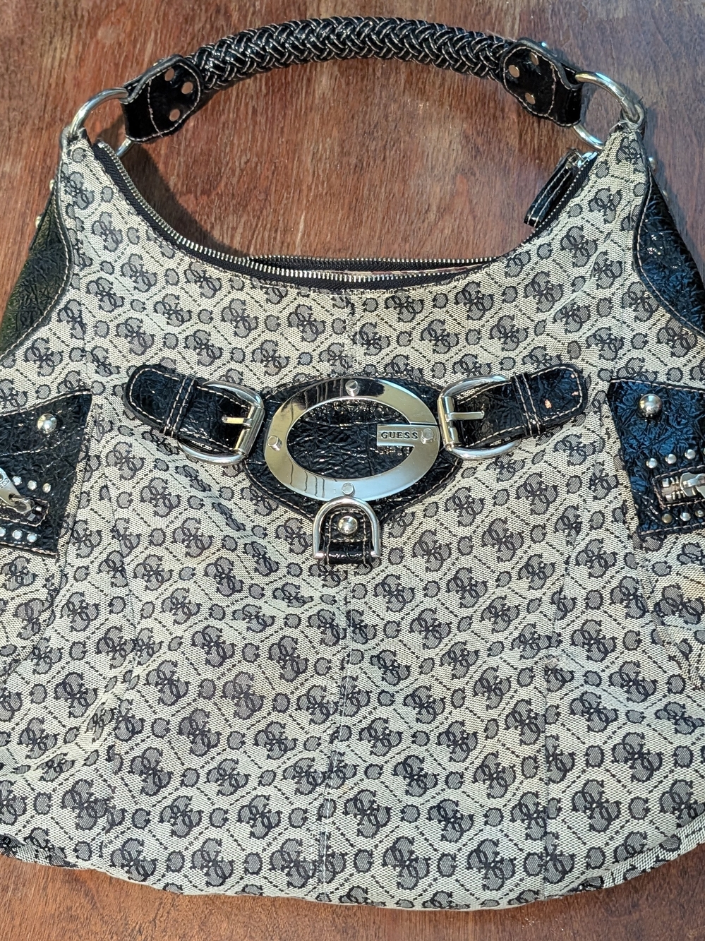 VINTAGE Y2K Guess Monogram Denim Hobo Bag Black Silver Buckle Studded Era 2000s